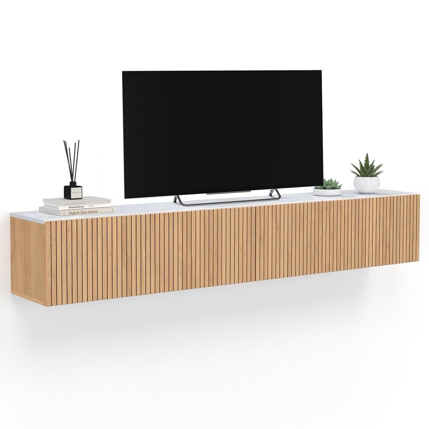 IDMarket - Meuble TV 180 cm Suspendu Juliette 2 Portes Plateau Effet marbre Lattes tasseau Bois Coloris chêne