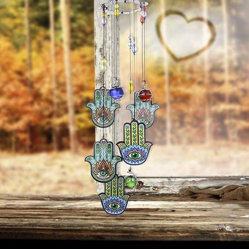 Miniatura 3 de Hamsa Hand Evil Eye Chakra - Campana de viento con cuentas y carcasa de vidrio y campanillas de viento de estrella de mar