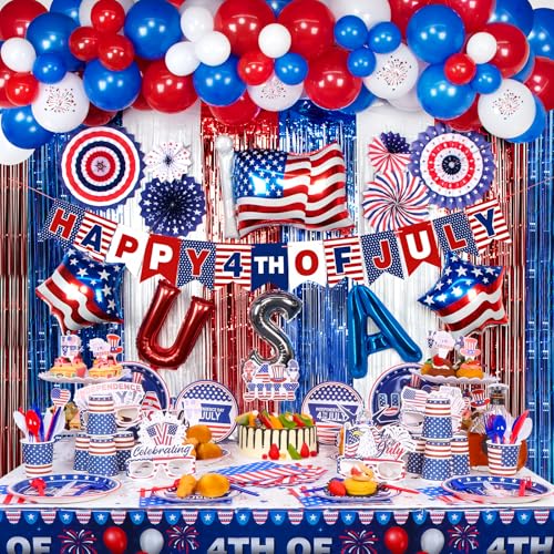 HJINGY 204 PCS 4th of July Party Decorations, Patriotic Party Supplies for Independence Day Includes Red White Blue Balloons Curtains Banner Paper Fans Glasses Tablecloth Plates for Fourth of July