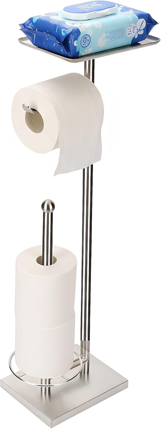 Toilet Paper Holder with Shelf, Toilet Paper Stand with Storage for Holding Extra 3 Rolls, Freestanding Toilet Paper Holder for Bathroom (Brushed Nickel with Metal Base)