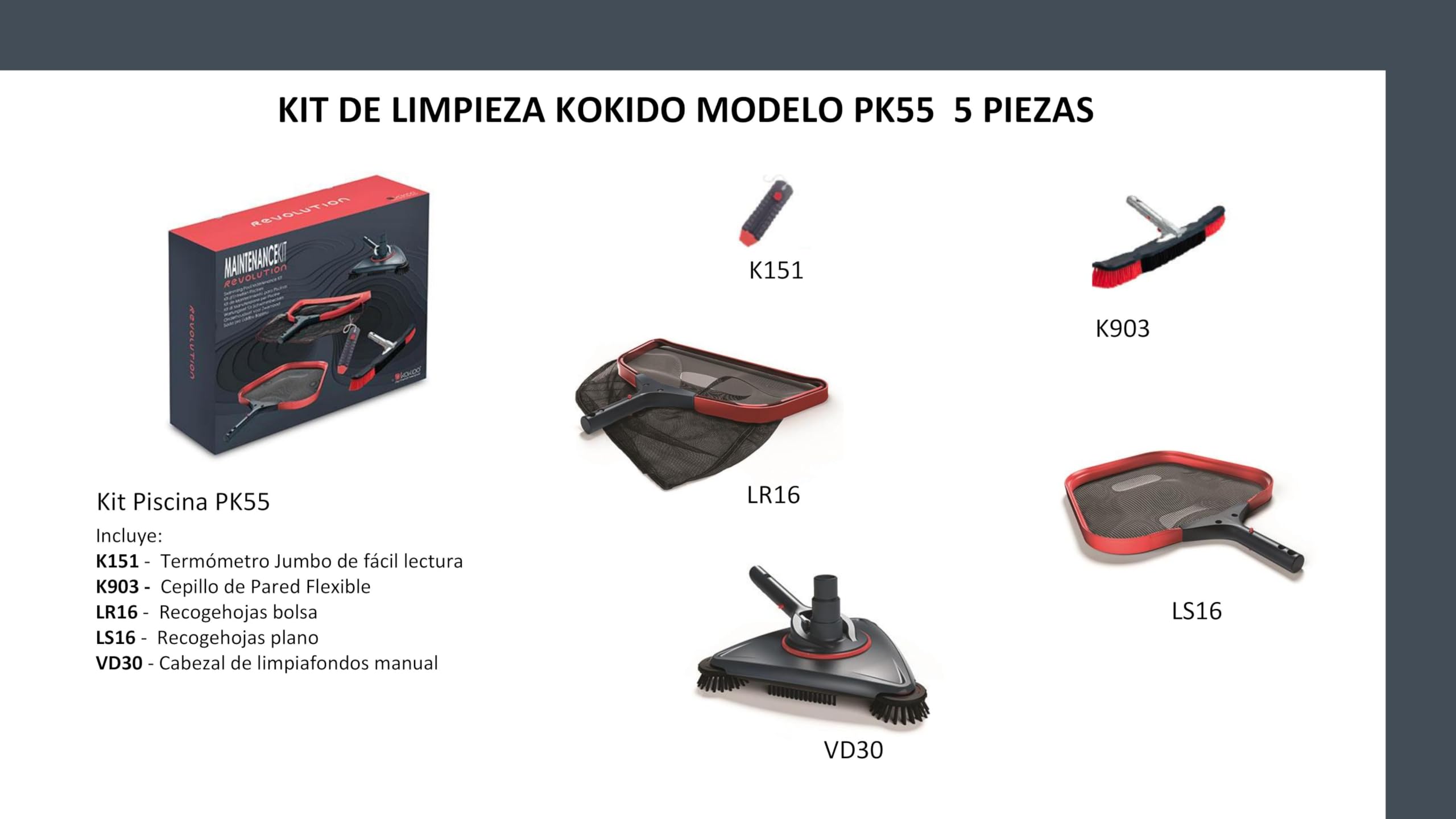 Kit de Limpieza para Piscina KOKIDO PK55 (5 Piezas) con recogehojas Plano y Bolsa, Cepillo Flexible Pared, limpiafondos Manual VD30 y termómetro Jumbo – Mantenimiento Completo