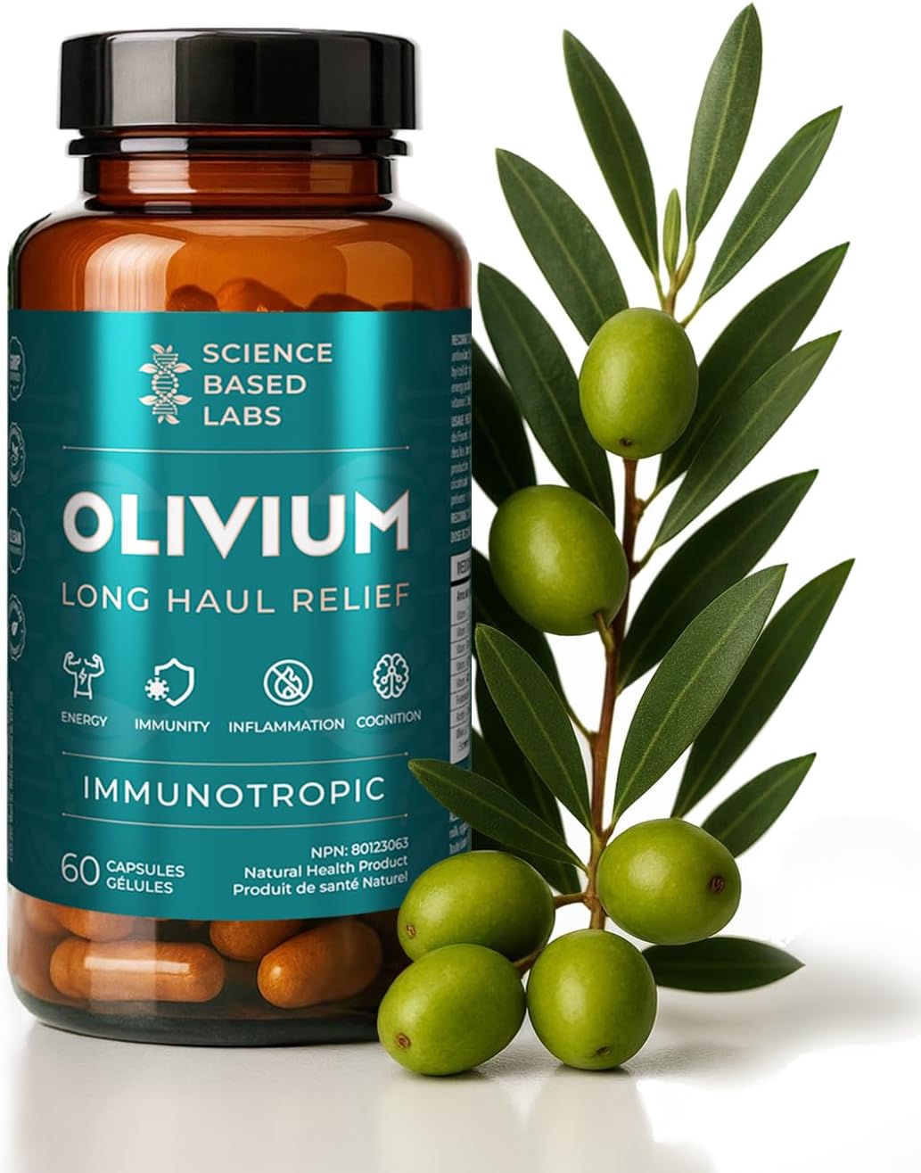 Olivium - Long Haul Relief | Immune Support Supplement for Brain Fog, Focus, Energy Boost with Vitamin D, B Complex Vitamins, Olive Leaf Extract - 60 Capsules