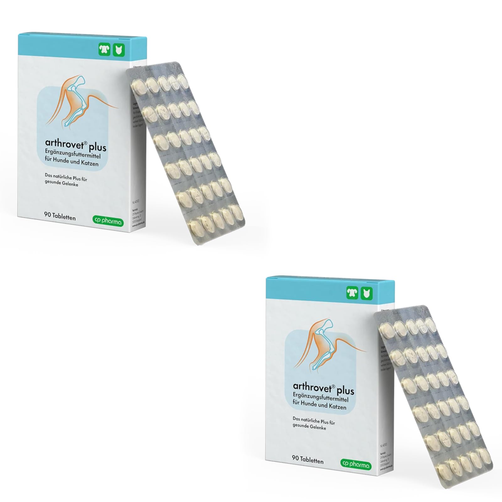 cp pharma arthrovet Plus | Doppelpack | 2 x 90 Tabletten | Ergänzungsfuttermittel für Hunde & Katzen | Mit Grünlippmuschelmehl