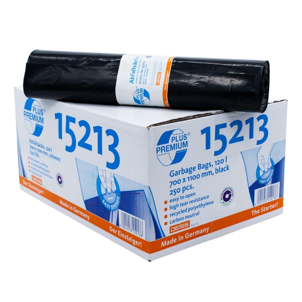 DEISS Premium Plus® Abfallsäcke Typ 60, 15213, 120 Liter schwarz - Karton / 120 Liter | Karton (10 Rollen)
