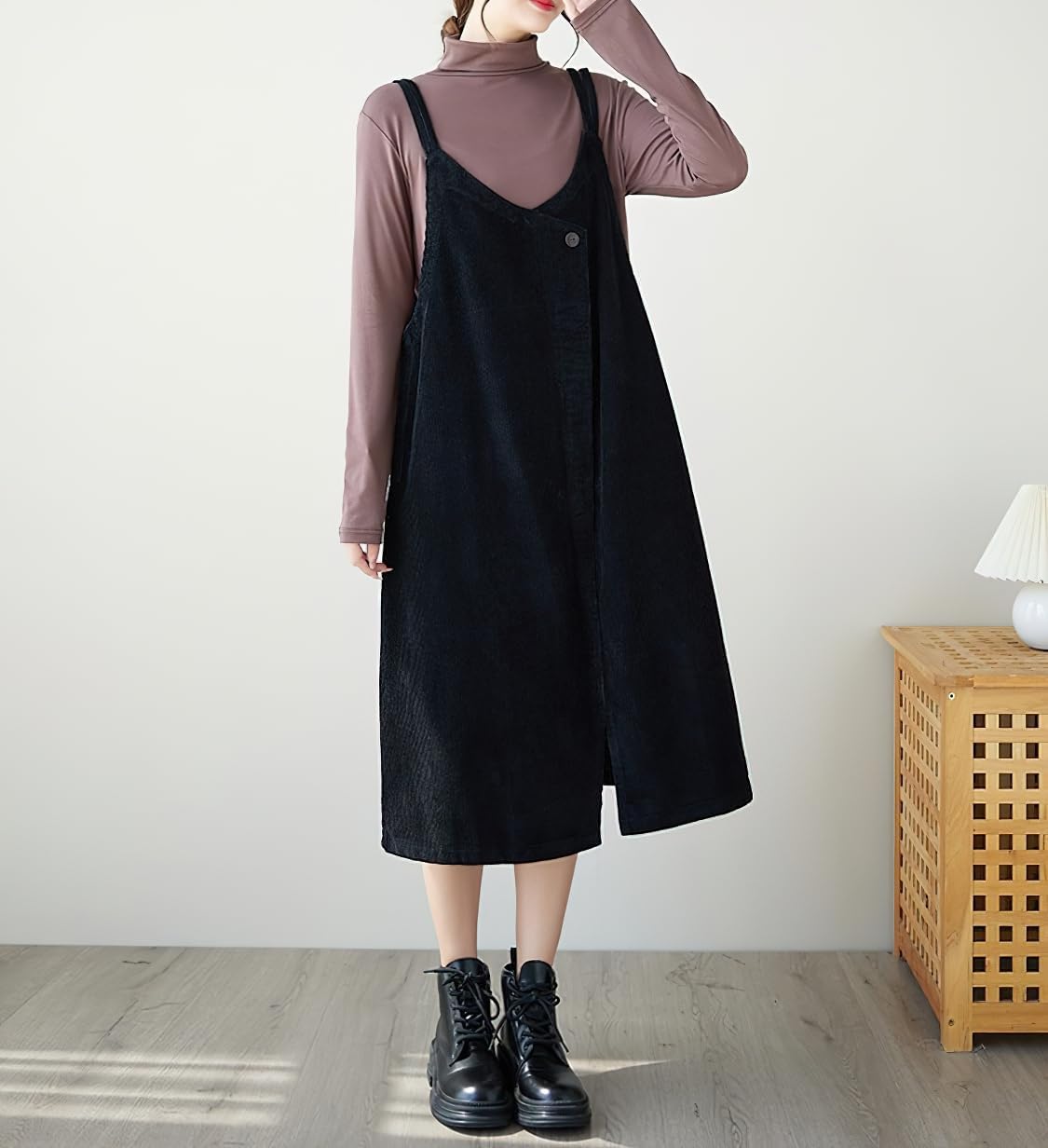 chouyatou Women's Loose Corduroy Spaghetti Strap Overall Dress A Line Flare Pinafore Midi Jumper Dress - Image 5