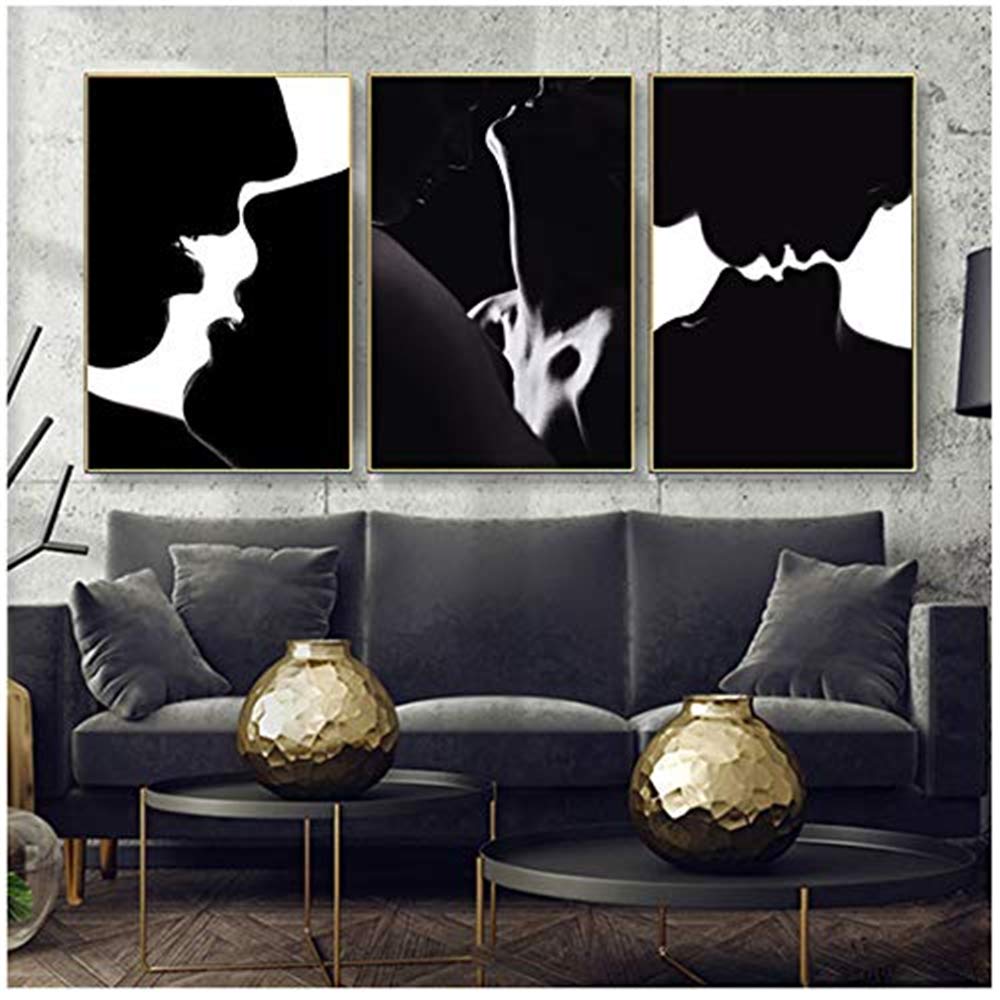 HYFBH Stampa su tela Ritratto moderno Poster e stampe Quadri su tela Pittura Giovane coppia innamorata Bacio Immagini per soggiorno Decor 40x60 cm (15,7x23,6 pollici) x3 Con cornice
