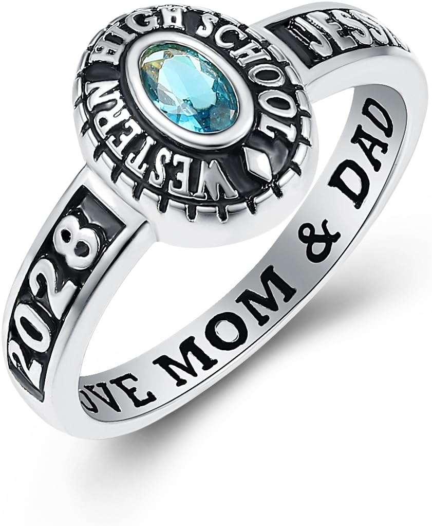 Official Mementos USA Premium American Brand Class Ring for Women – Express 5 Day Option - Black Band – Genuine Silenium, 925 Sterling Silver or 10KT Gold – Customized High School College University Class Ring – Graduation Gifts