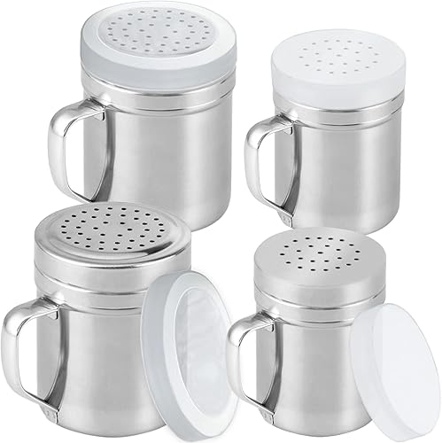 [Paquete de 2] Coctelera de sal y pimienta de metal de 6 onzas + [2 paquetes] de 10 onzas, con agujeros medianos, asas y tapa de plástico