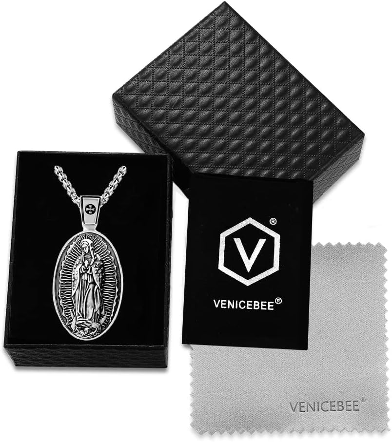 VENICEBEE® Our Lady Guadalupe Holy Virgin Mary Medal Devotional Christian Sacramental Solid 925 Sterling Silver Pendant Necklace Divine Design Nuestra Señora + Velvet Pouch, Polishing Cloth, Gift Box - Image 5