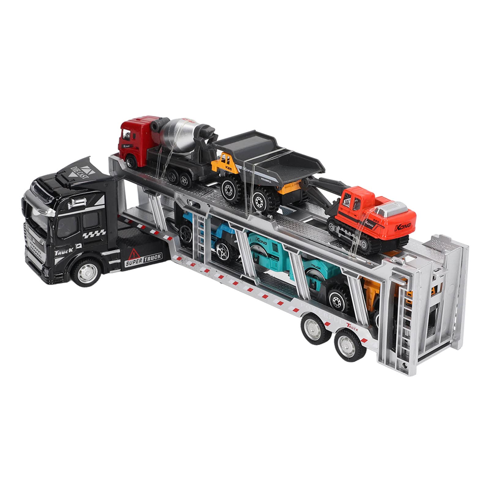 – 7 in 1 Alloy Transport Truck Toy Set Pull Back Carrier Truck Model for Kids and Collectors 12.6in (Black, with Modern Engineering Vehicle)