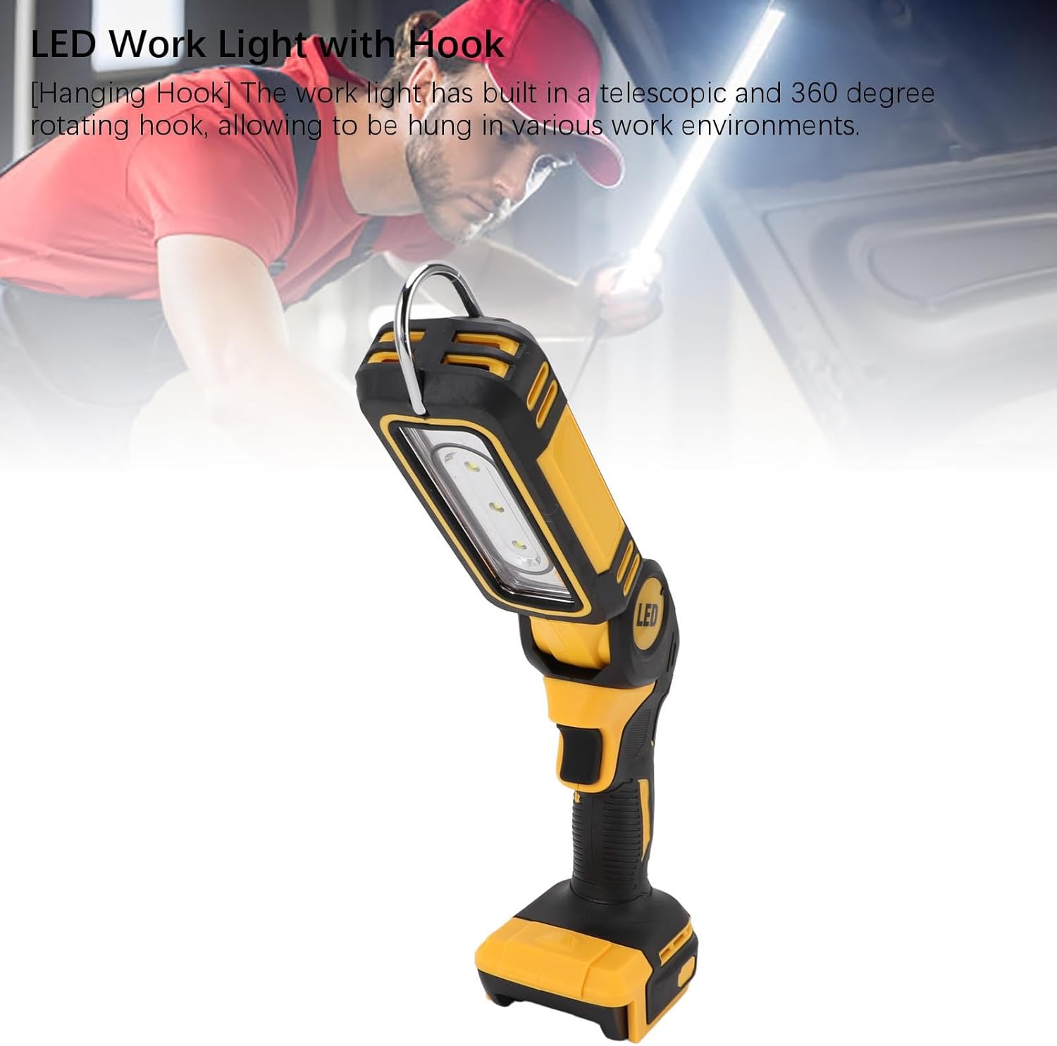 LED Work Light Cordless Bright Adjustable 90 Degree Rotatable with Hook Portable Battery Powered 6000-6500K