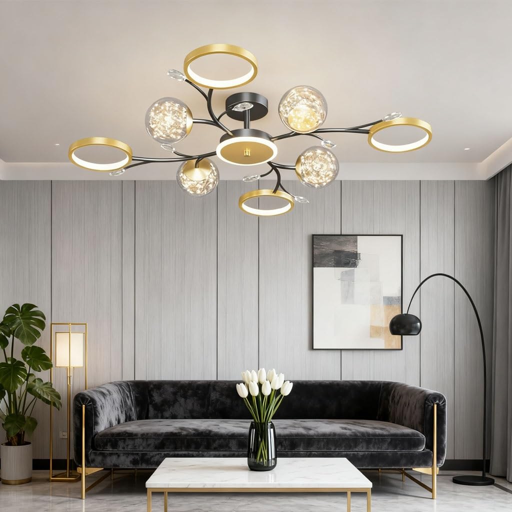 LED ceiling lamp ceiling light ceiling lighting creative metal electroplating glass pendant light modern lamp for living room bedroom black and gold hotel lobby offices(10+1 head)