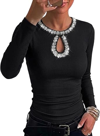Women Long Sleeve Shirt Going Out Top Rhinestone Sequin Keyhole Neck Knit Ribbed Slim Casual T-Shirt