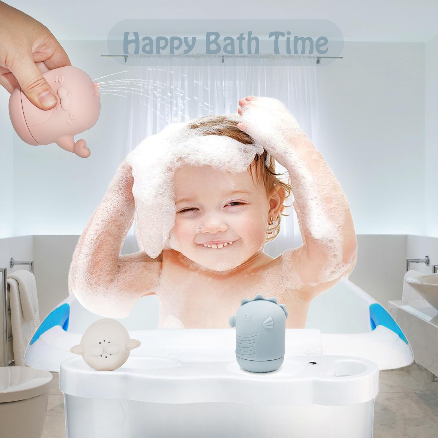 Ginbear Giocattoli da bagno in silicone per bambini, antimuffa, giocattoli da bagno per bambini in età prescolare, giocattoli da bagno atossici per bambini dai 6 mesi in su (confezione da 4)