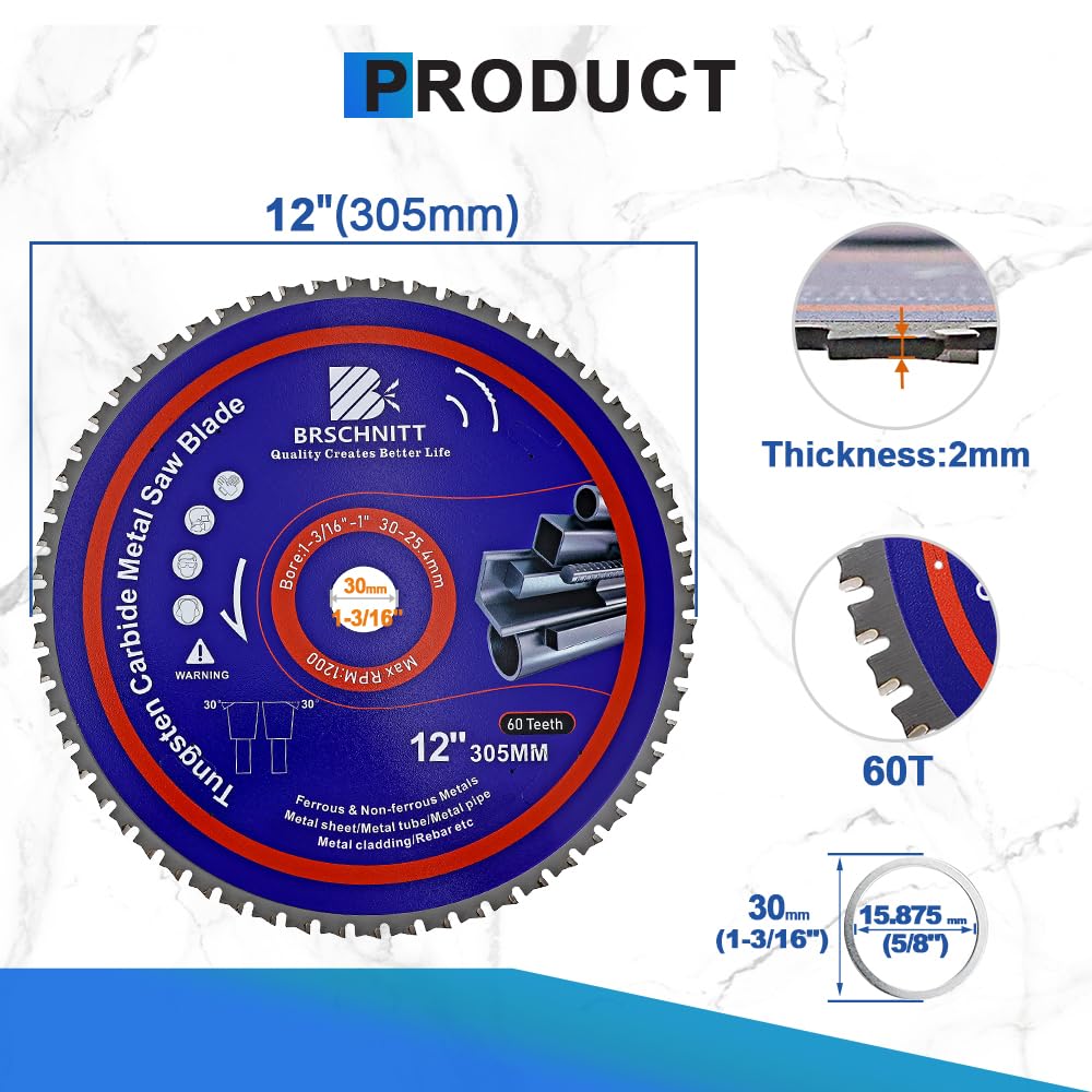12" Metal Cutting Circular Saw Blade - BRSCHNITT Tungsten Carbide Tipped TCT Saw Blades for Iron, Iron Pipe, Ferrous Metals 60T Arbor:1-3/16"/1"