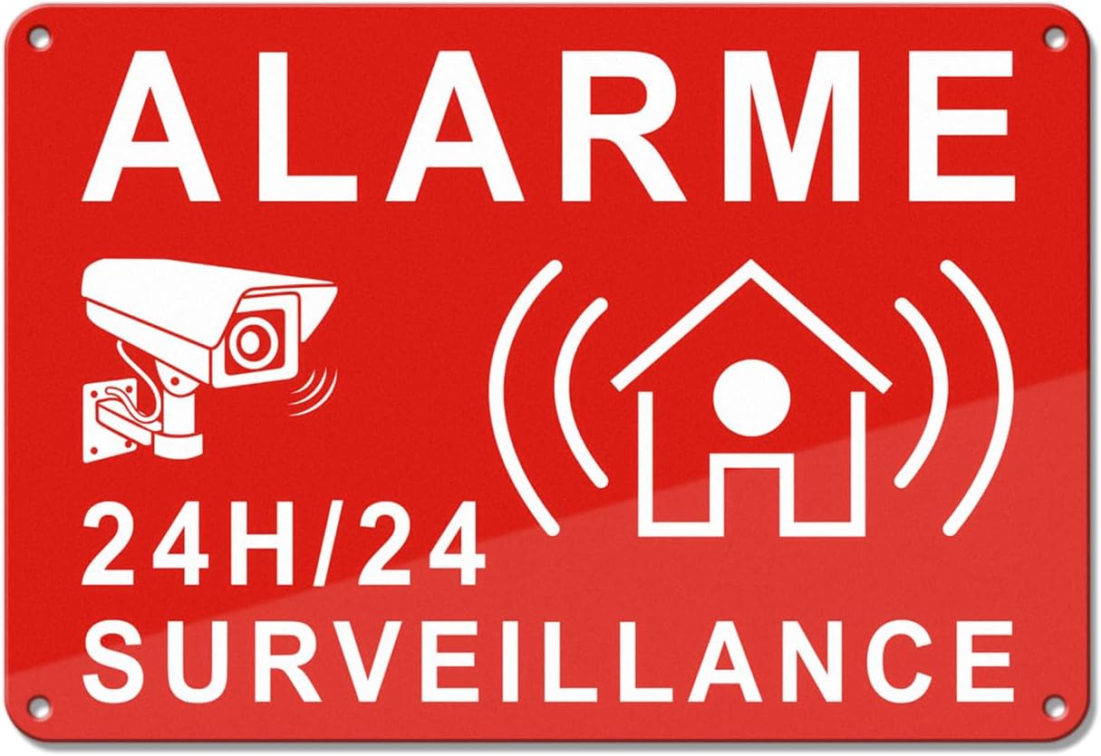 Panneau Alarme Aluminium Goodvia 22x15cm - Surveillance 24h/24 Adhésif Rouge