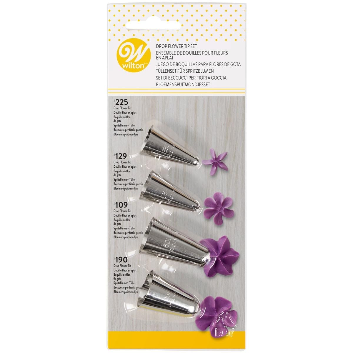 Drop Flower Tip Set 109, 129, 190, 125: Reusable Piping Tips for Flower Designs - Dishwasher Safe - Set of 4, Silver.
