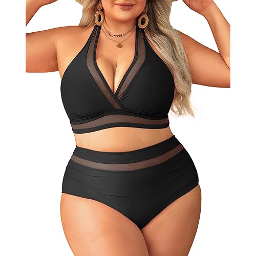 Tempt Me Women Plus Size Bikini High Waisted Swimsuits Mesh Tummy Control Two Piece Bathing Suit