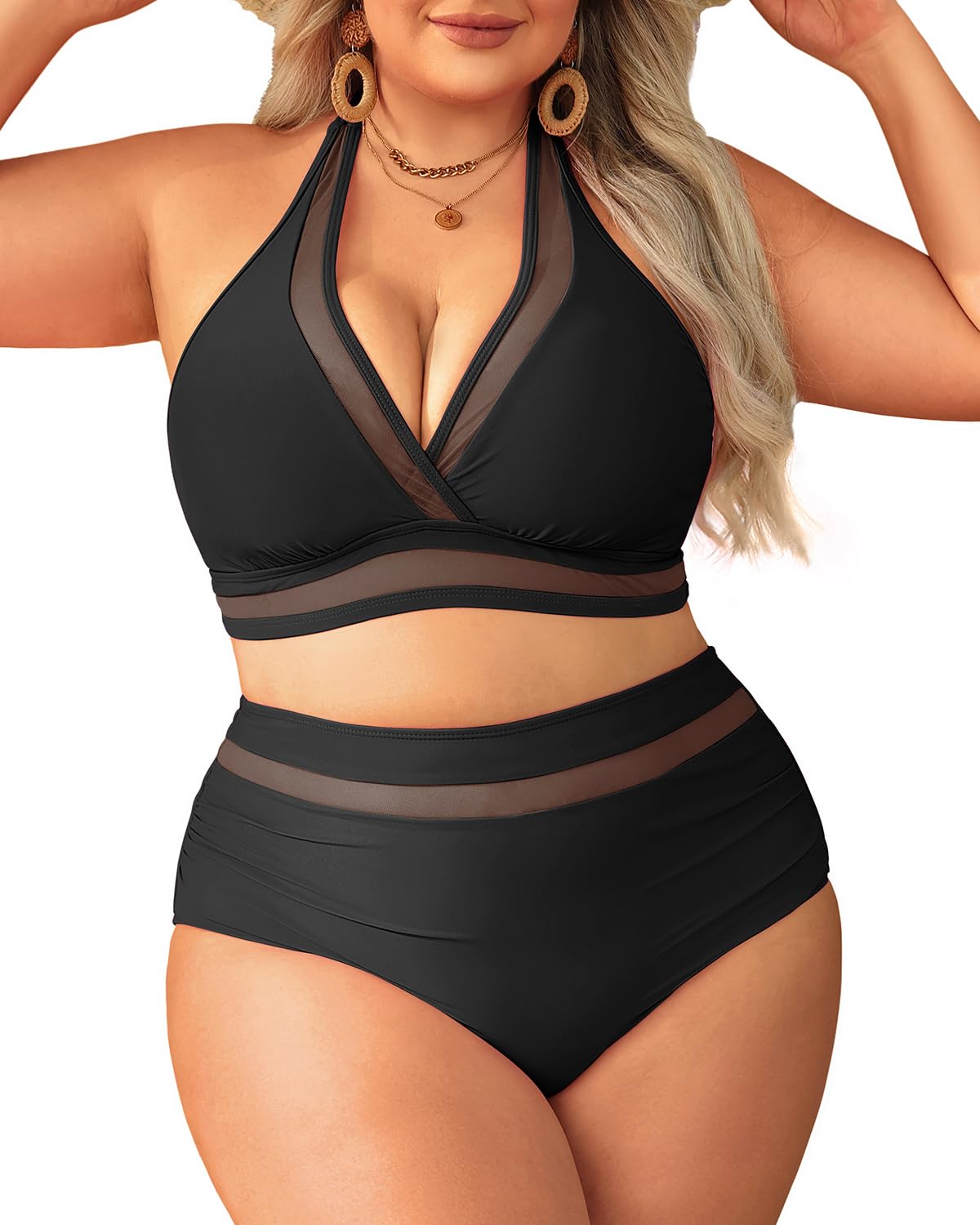 Tempt MeWomen Plus Size Bikini High Waisted Swimsuits Mesh Tummy Control Two Piece Bathing Suit