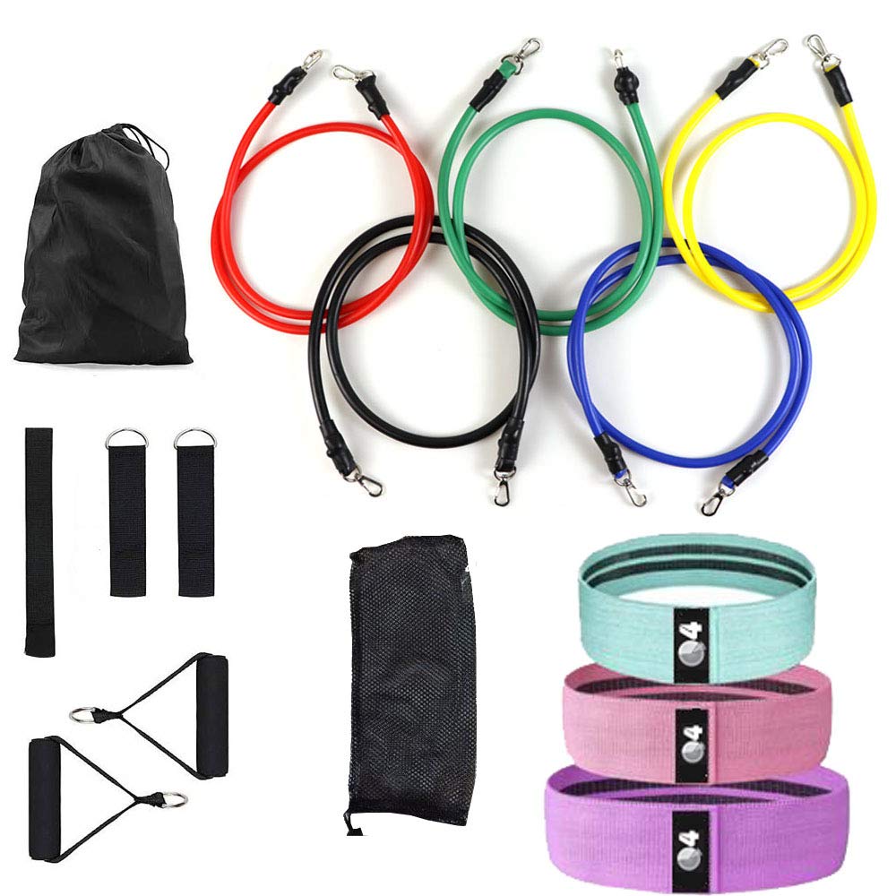 Complete Resistance Bands Set; 2 Sets in 1. 14PC Workout, Exercise & Stretch Straps & Loops. With handles & Door Anchor. 10lbs to 150lbs. Home Fitness, Yoga, Pilates Workout for Men & Women.