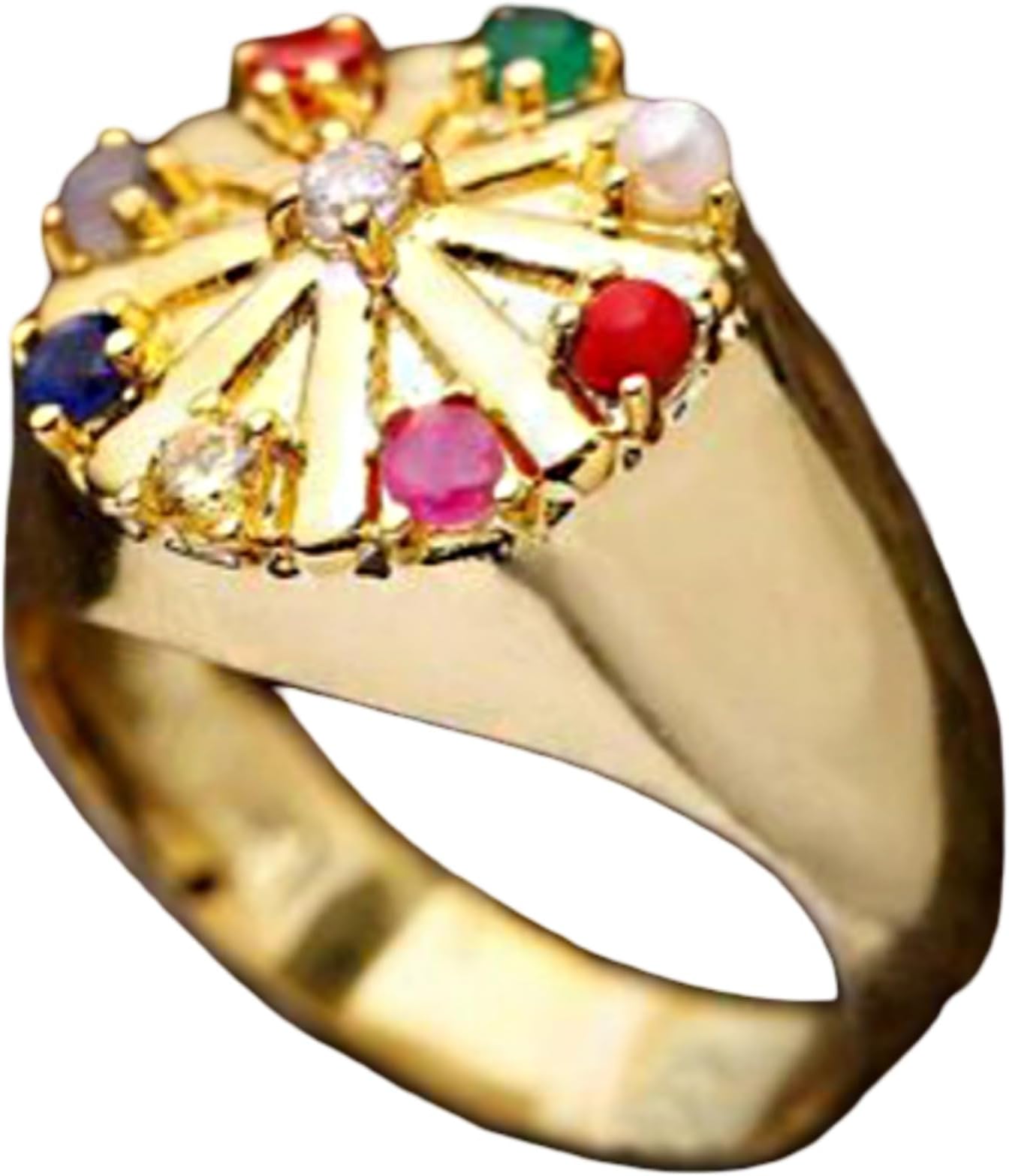 18 Kt, 22 Kt Real Solid Yellow Gold Real Certified Multi Color Gemstones (Navratan) Unisex Ring – Handcrafted – Luxury Solid Gold Statement Jewelry