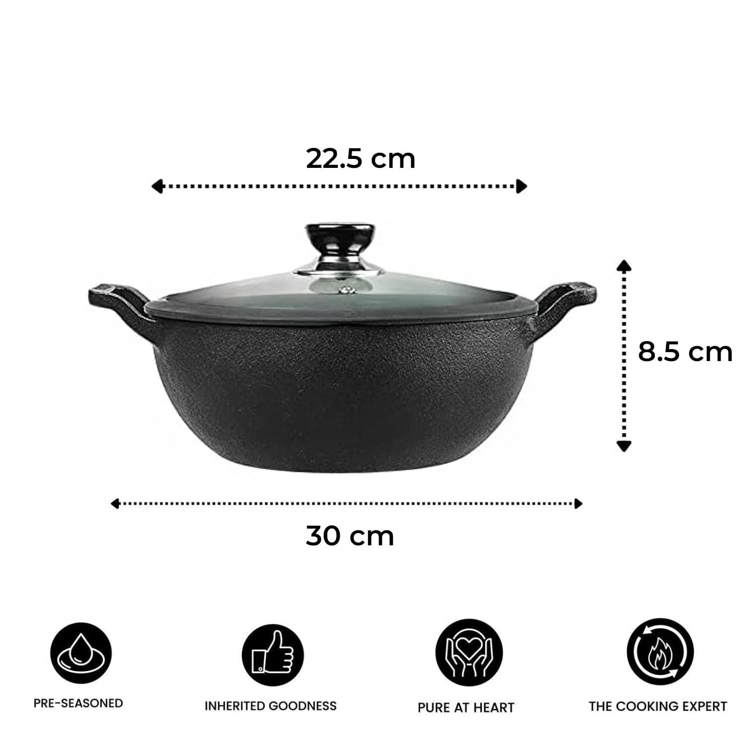 Vinod Legacy Pre-Seasoned Cast Iron Kadai, Wok Induction Friendly, Black, 22cm, 2.4Ltr