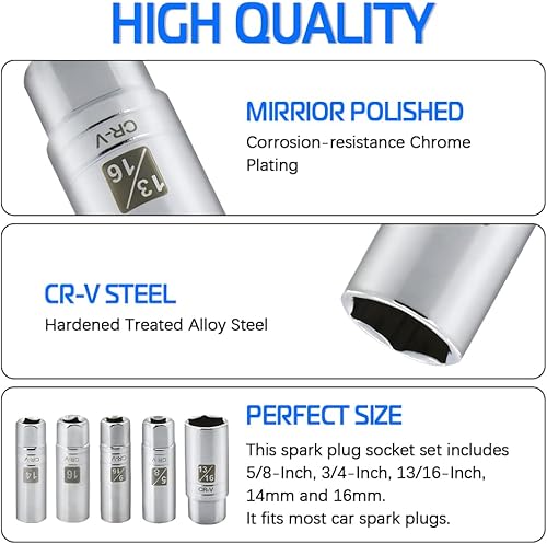 Miniatura 30 de Bujía magnética de pared delgada de 0.55 pulgadas de 3/8 pulgadas, enchufe de bujía de 12 puntos compatible con motocicleta, automóvil, SUV, BMW