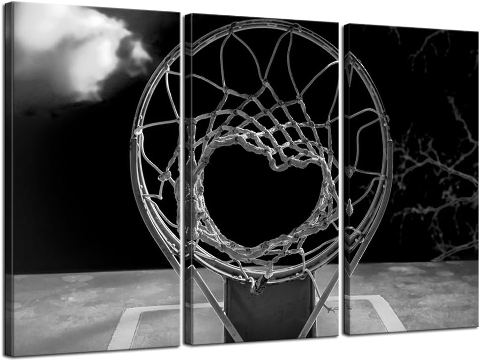 3 Panel Black and White Canvas Prints Basketball Hoop Pictures Wall Art Sports Artwork Gallery Wrapped Ready yo Hang Modern Man Boys Bedroom Wall Decor