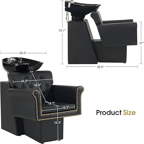 Miniatura 2 de BarberPub Silla de estación de champú negra para estilista, champú retrolavado de cerámica y juego de sillas para salón, salón en casa, barbería 9104