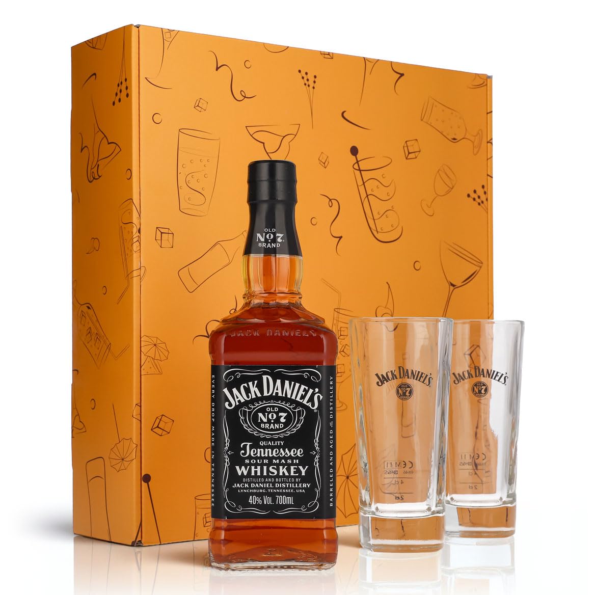 Sipply Geschenkset 3-teilig mit 2 Longdrinkgläser und 1 Flasche Jack Daniels 0,7l 40,0% Vol. | mit Geschenkverpackung: Orange | Geschenk für Frauen Männer Mama Papa Freundin zu Weihnachten Ostern