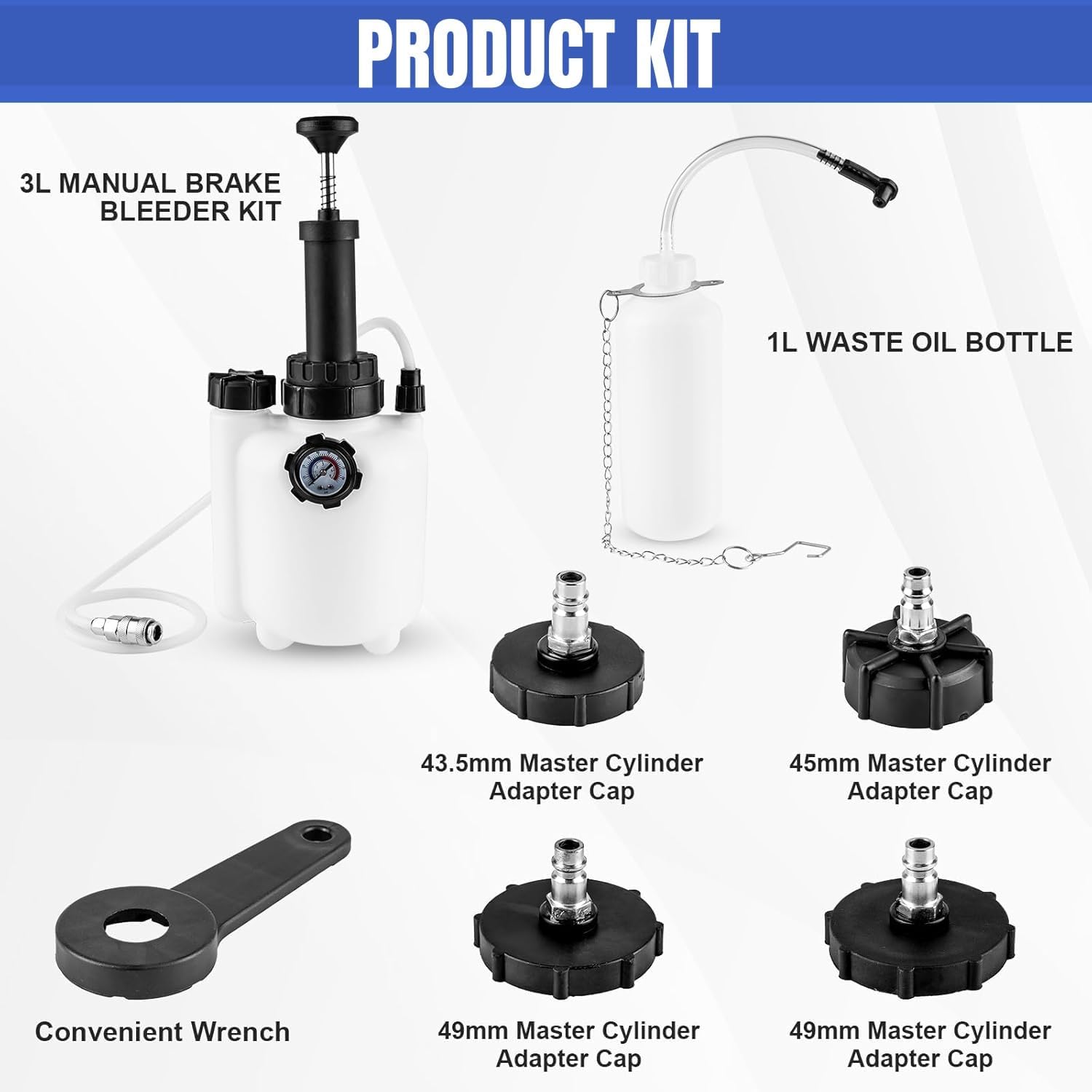3L Manual Brake Bleeder Kit, One Person Brake Bleed Vacuum Pump with 1L Brake Fluid Bleed Bottle and 4 Master Cylinder Adapters, Suitable for Most Vehicles