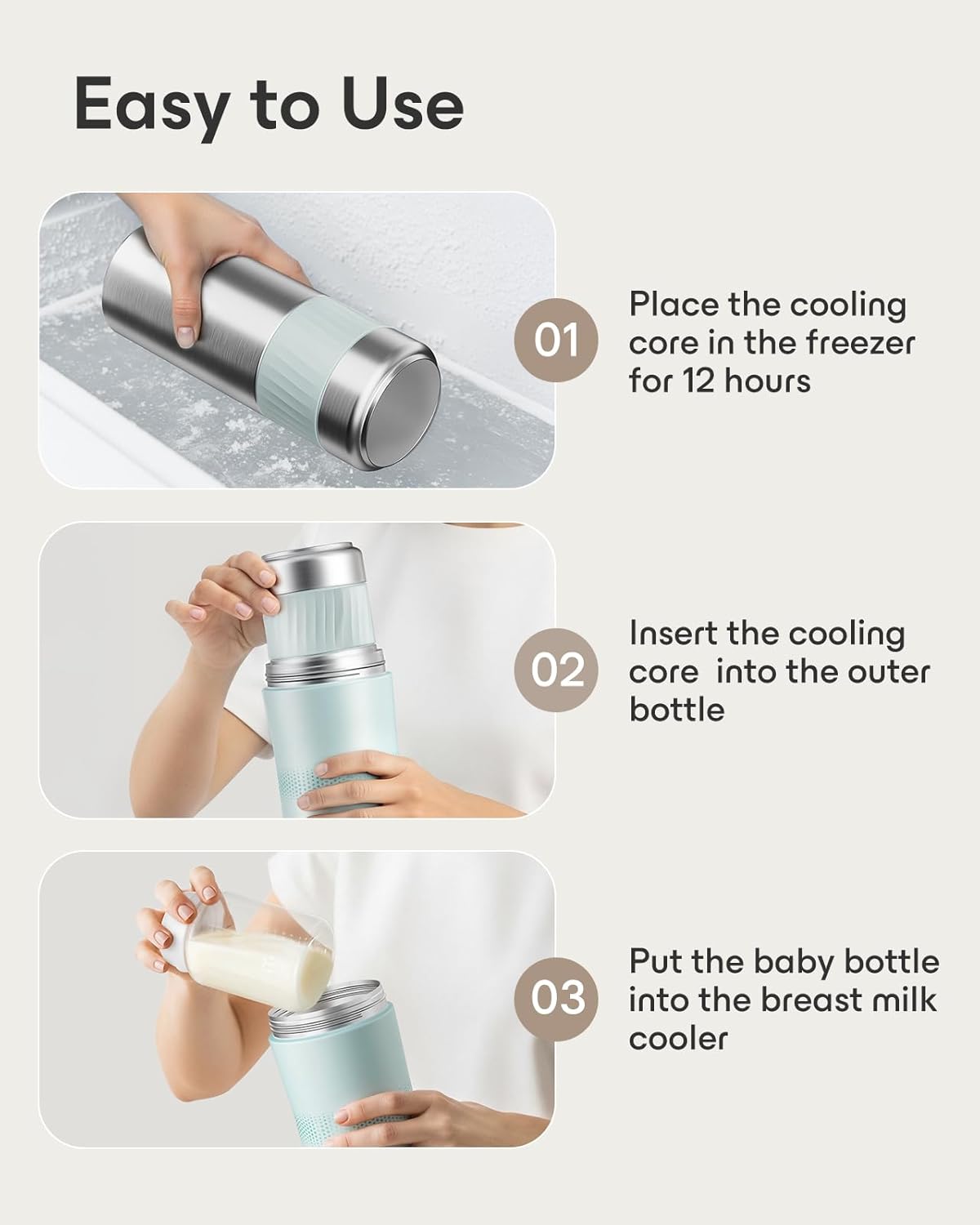 22oz Breast Milk Cooler for Travel & Work, Stainless Steel Chiller with 360° Even Cooling, Keeps Milk Cold for 24 Hours, Portable Storage for Breastfeeding Moms, Includes 2 Baby Bottles, Green - Image 8