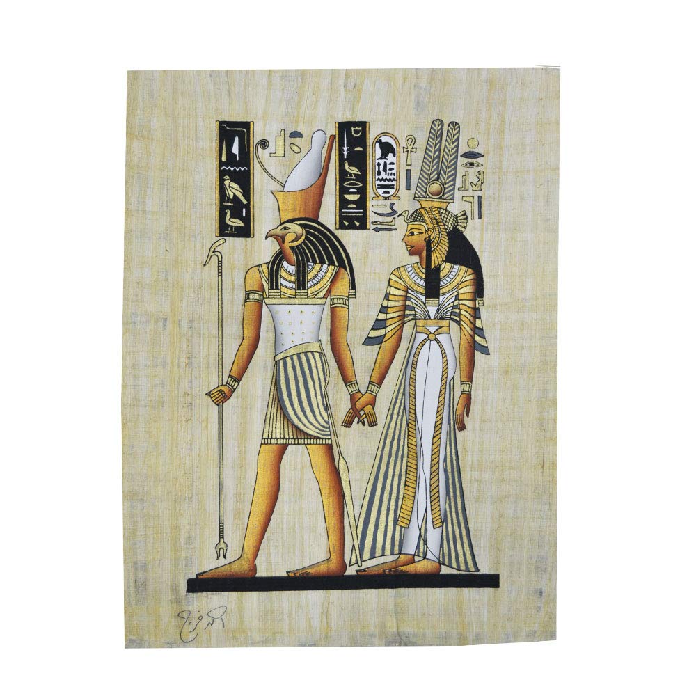 Horus con Nefertari su Carta egiziana Originale Fatto e Dipinto a Mano in Egitto, Misura 33 x 43 cm Circa, RIF. 53 V-B.