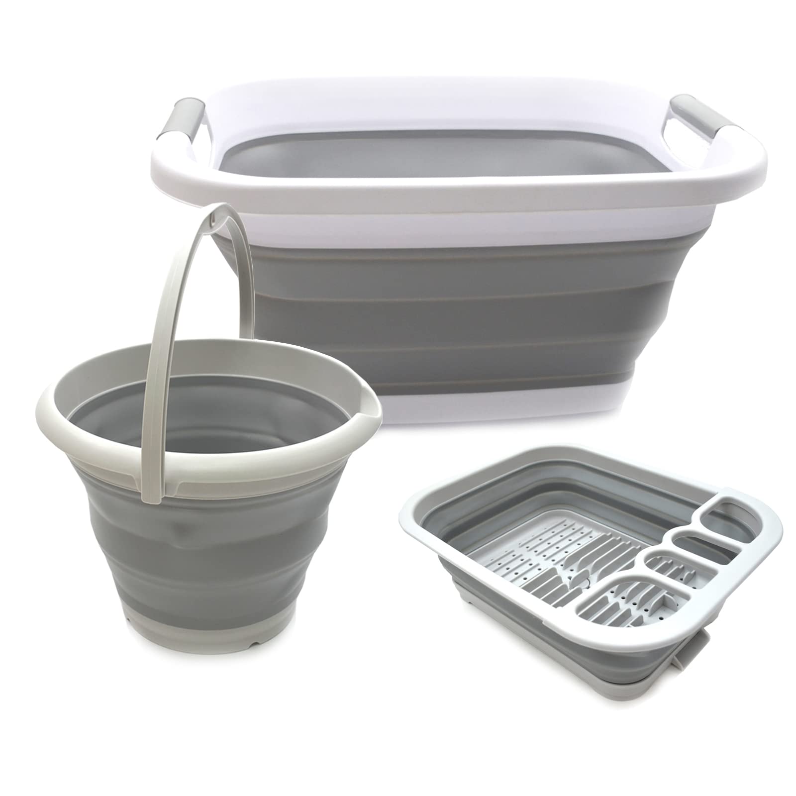 SAMMART COMBO 001 25L Collapsible Laundry Basket & Dish Drainer & 10L Bucket - Perfect Outdoor & Picnic - Space Saving Storage Container (Grey)