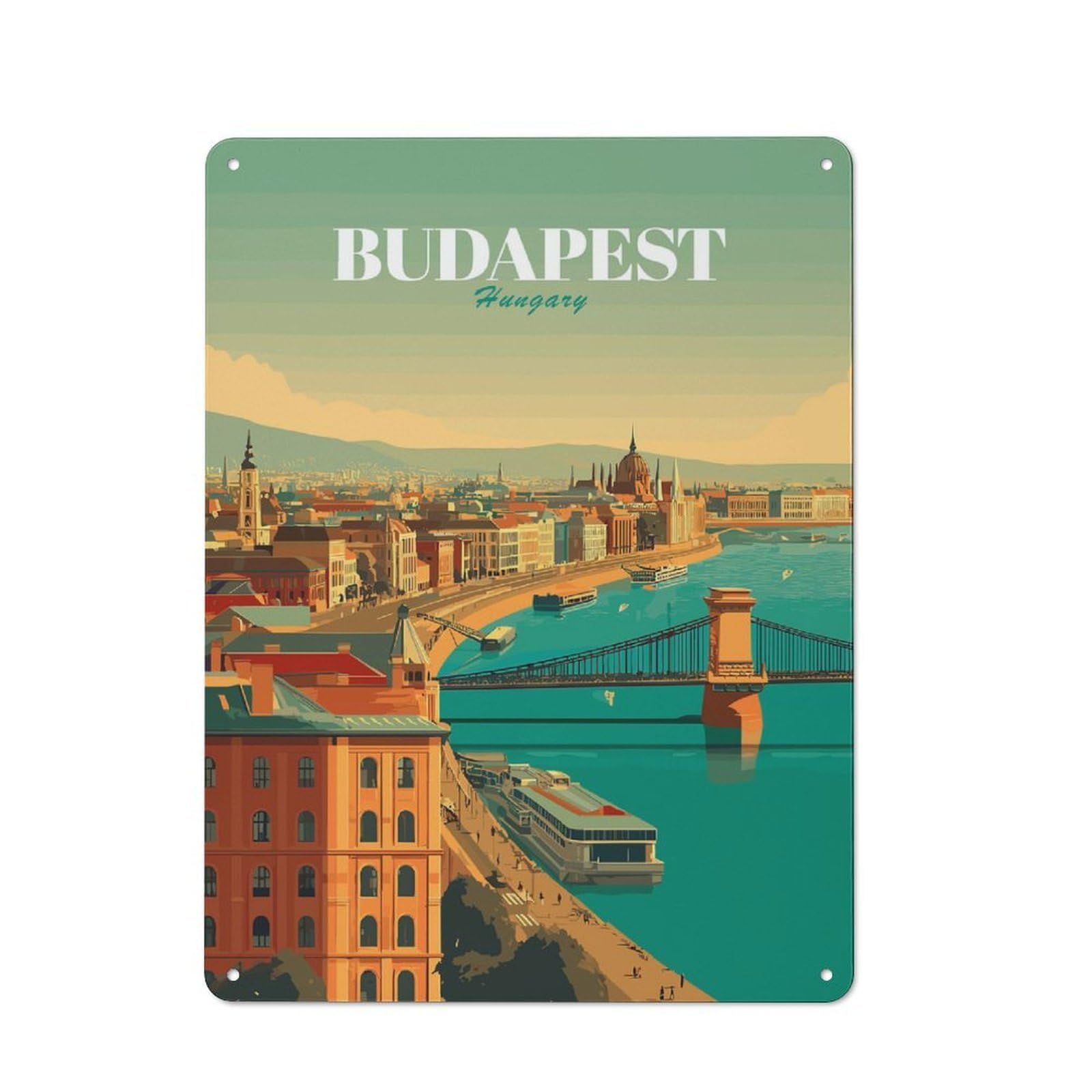 Junmoney Style-9 Budapest Hungary Cityscape Country Metal Wall Decor 40X30cm, Decorative Tin Sign For Farmhouse Kitchen, Pantry Or Dining Area
