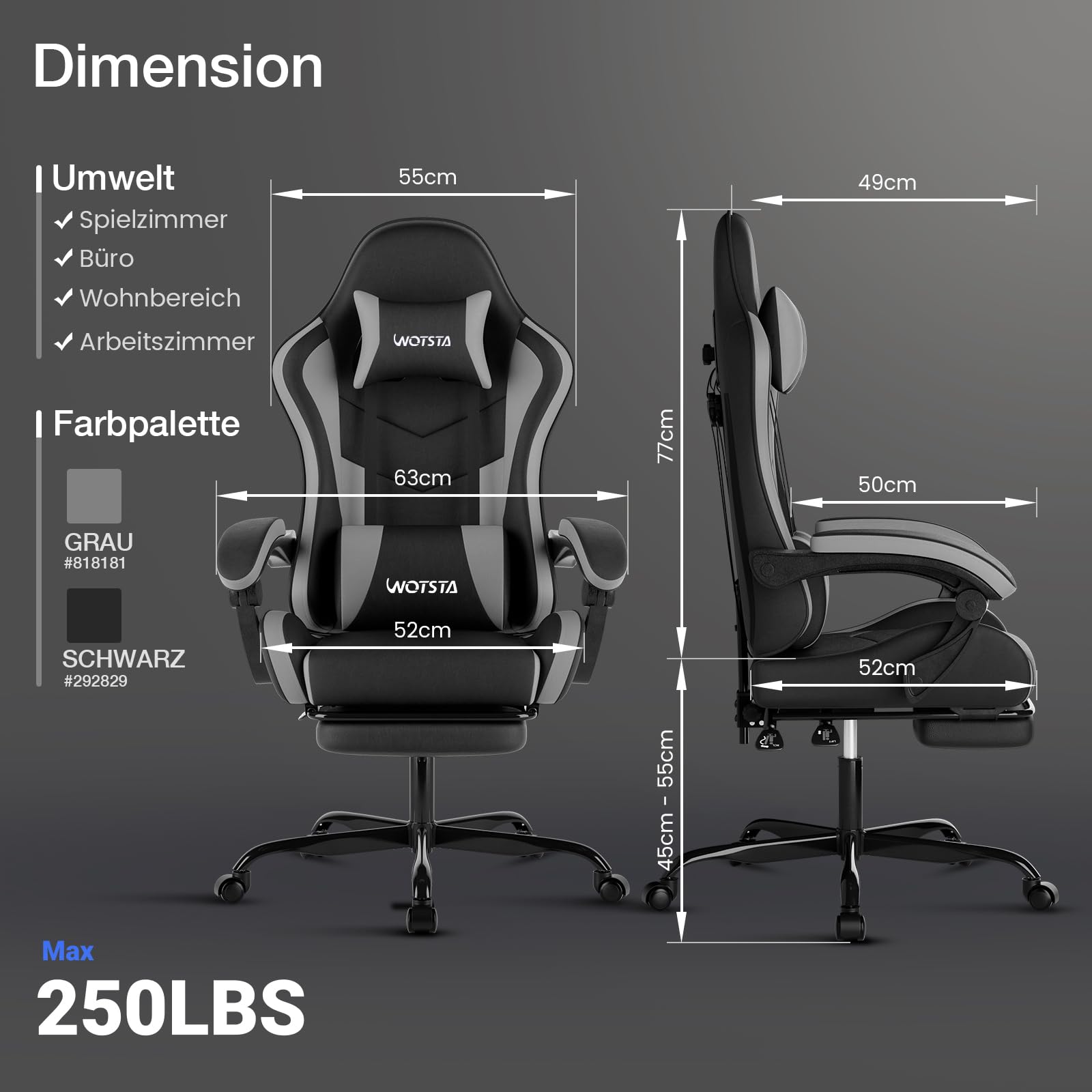 Gaming Chair Computerstuhl Ergonomischer Gaming Stuhl mit Fußstütze Bürostuhl Ergonomischer Computerstuhl mit Lendenwirbelstütze (BLKGY)