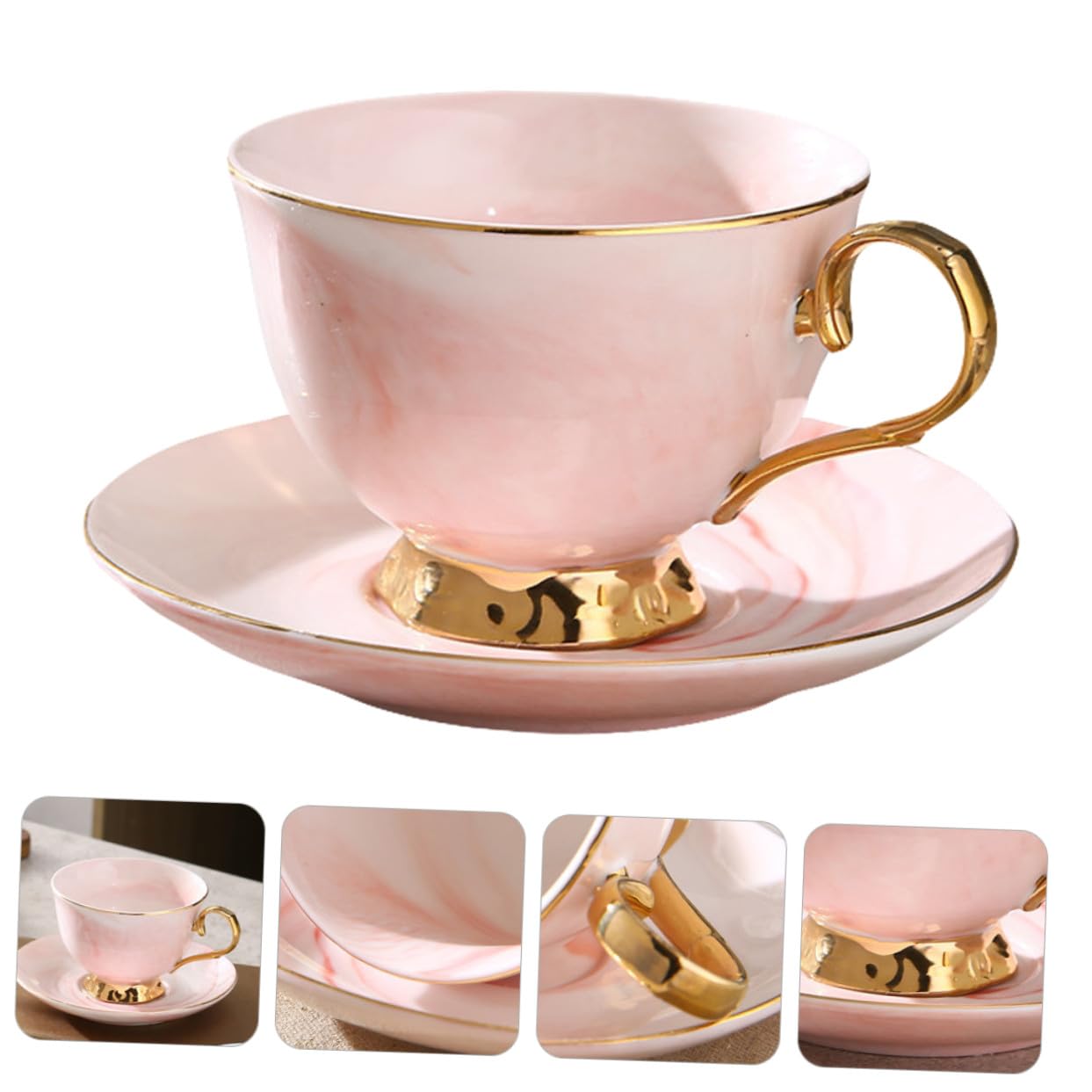 Taza de con Diseño Mármol Estilo Nórdico con Platillo Rojo y Mango Dorado para Café y Leche Reuniones y Regalo