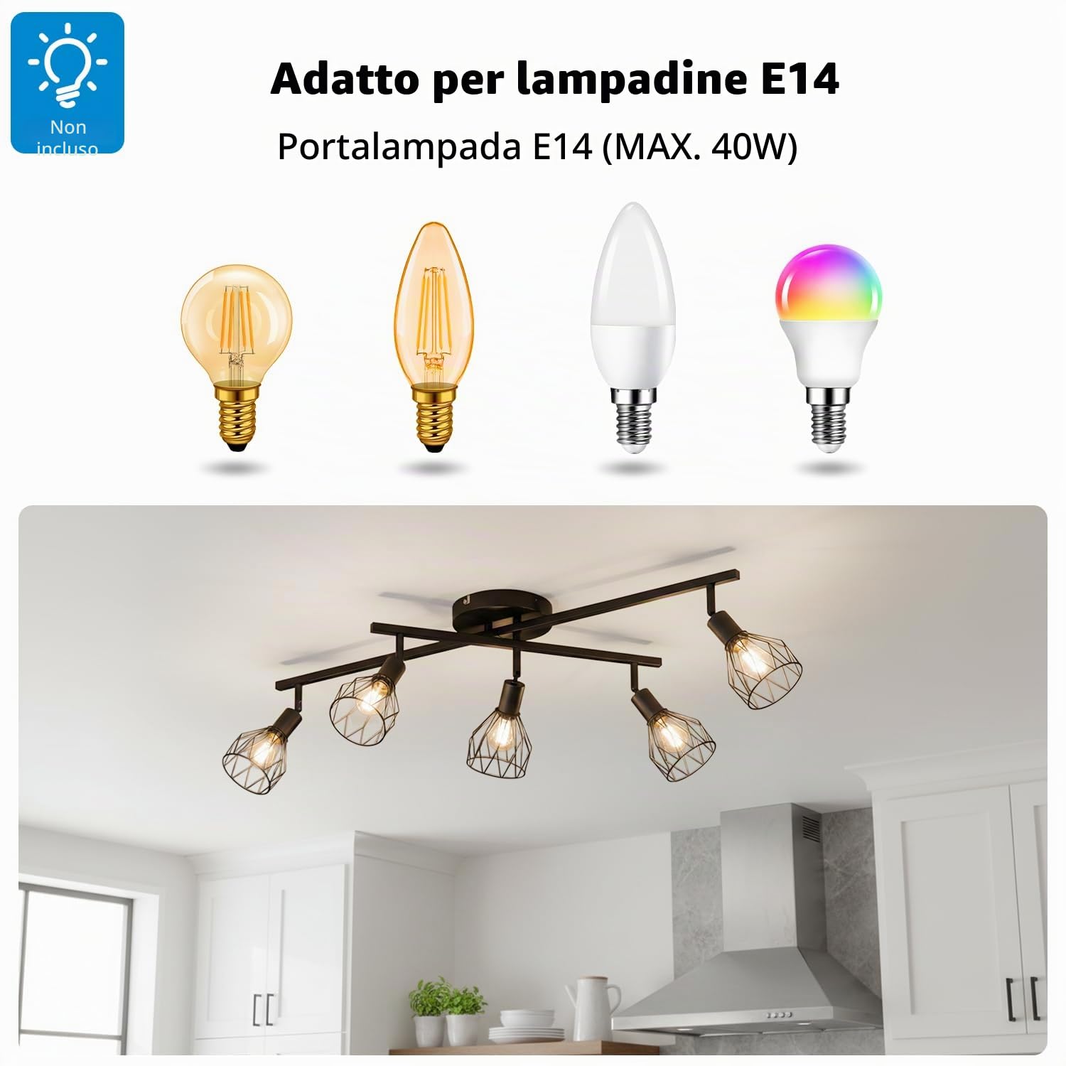 LVWIT Faretti Soffitto Nero, Faretti Orientabili con 5 Attacco E14, Faretto da Interno Moderna, Lampadario Faretti per Barra, Salotto, Cameretta, Cucina,Corridoio Illuminazione (Senza Lampadina)
