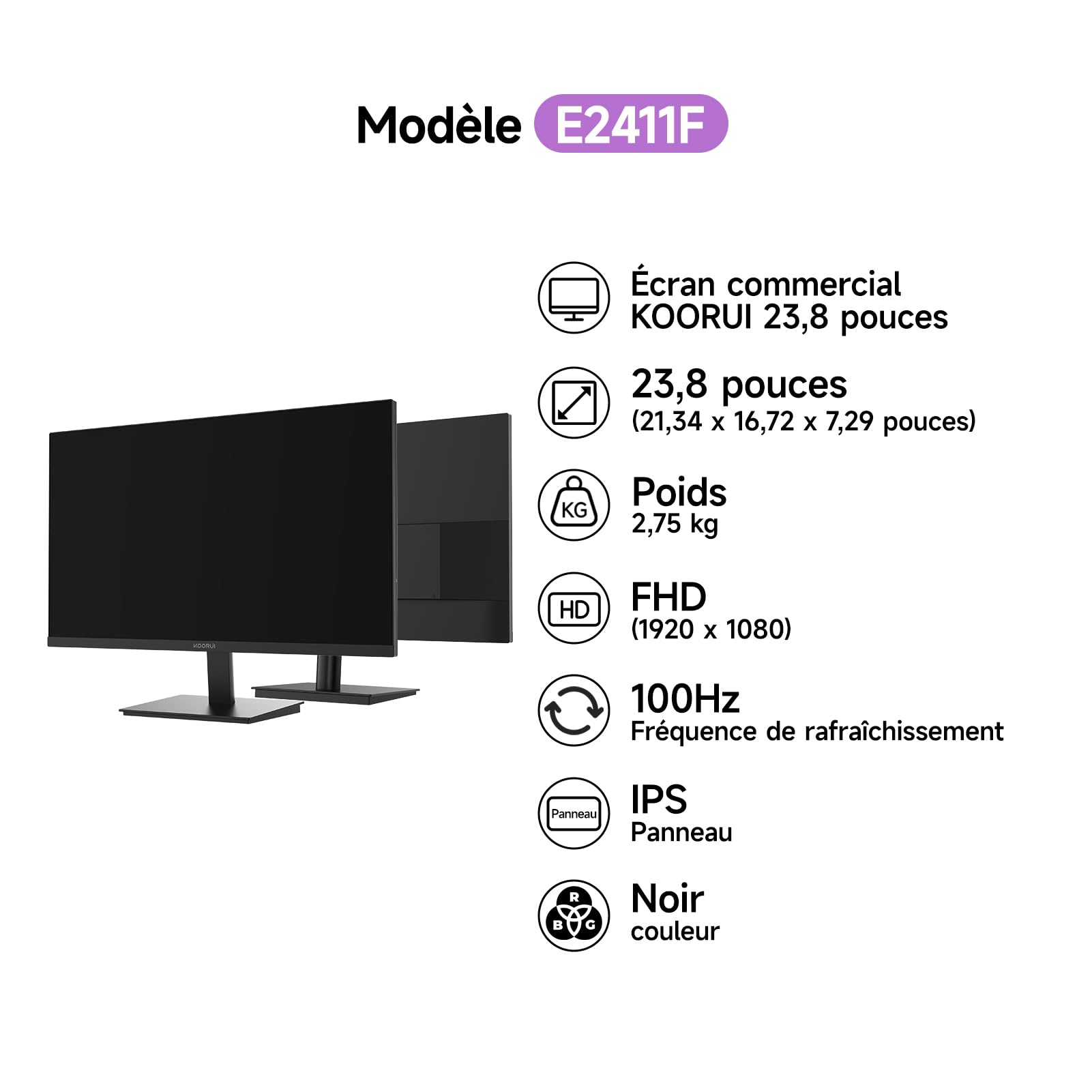 KOORUI E2411F 23.8 inch PC Screen, FHD 1920 x 1080 Monitor, 100Hz Screen, IPS HDMI VGA Eye Care, VESA 100 x 100 mm