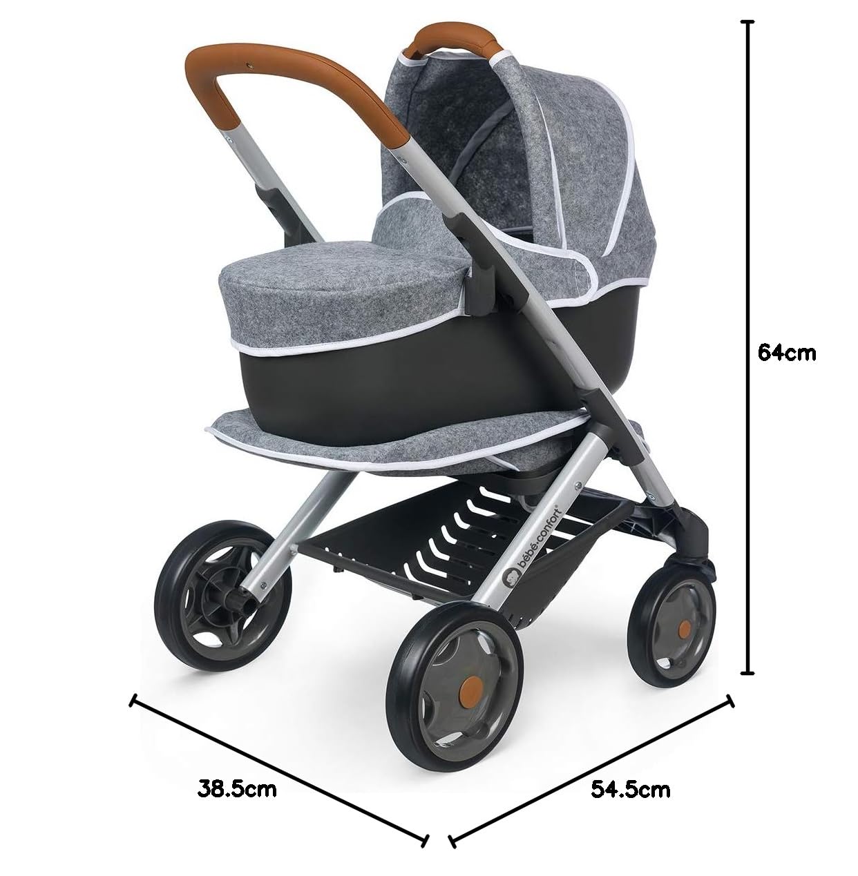 Smoby Bébé Confort Poussette Landau Gris 3 en 1 pour Poupons et Poupées Roues Silencieuses Multidirectionnelles