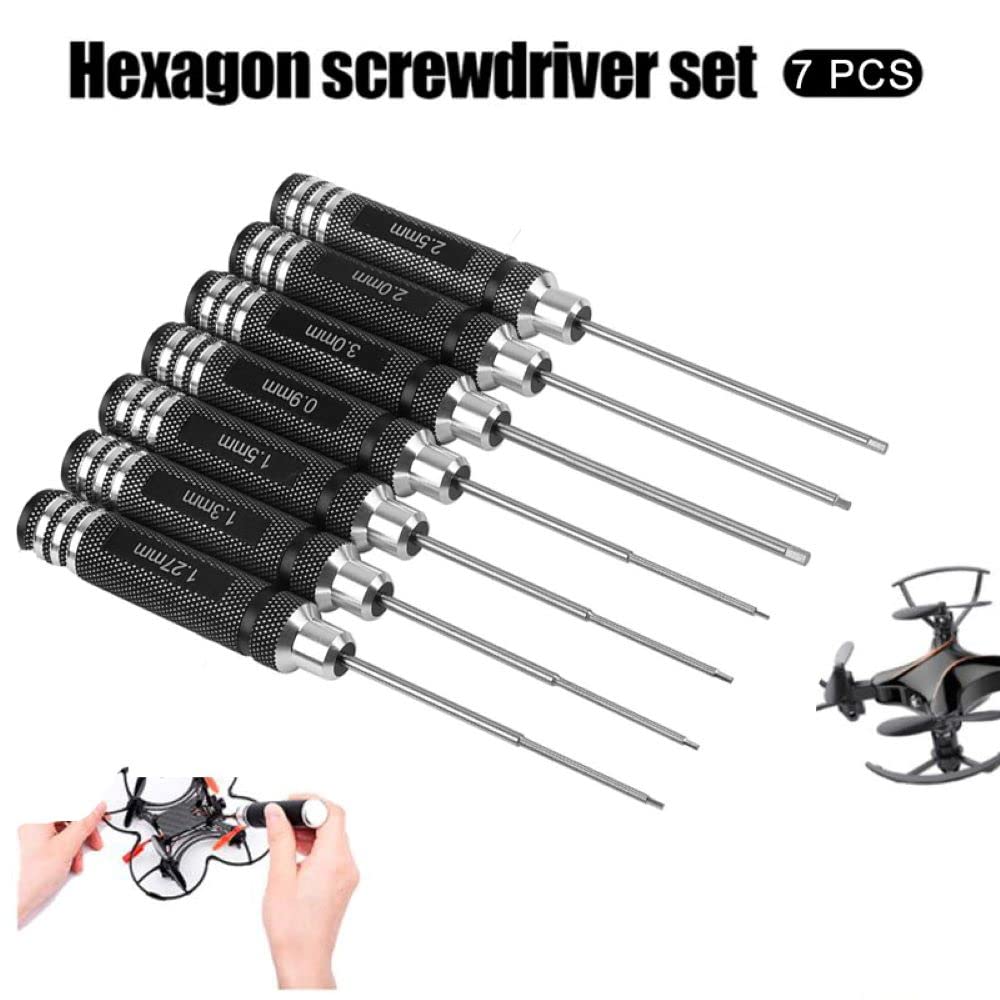 Zestaw wkrętaków sześciokątnych 7-częściowy, zestaw narzędzi RC, do samochodów RC, łodzi, dronów wyścigowych, robotów, 0,9 mm, 1,27 mm, 1,3 mm, 1,5 mm, 2,0 mm, 2,5 mm, 3,0 mm