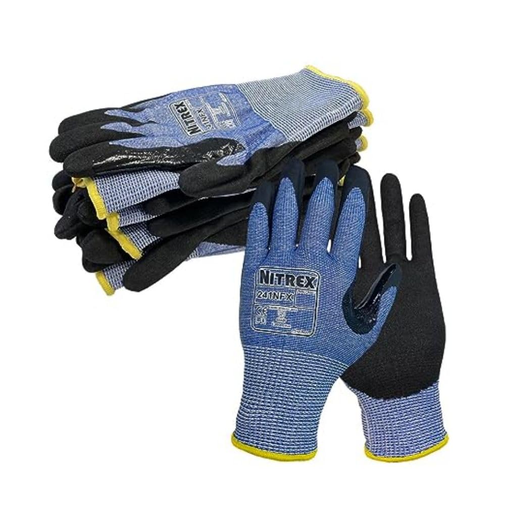 NITREX Unigloves Lot de 10 paires de gants de manutention généraux résistants aux coupures avec revêtement en nitrile sablonneux sur la paume, technologie NitreGuard et technologie NitreGrip Noir/bleu