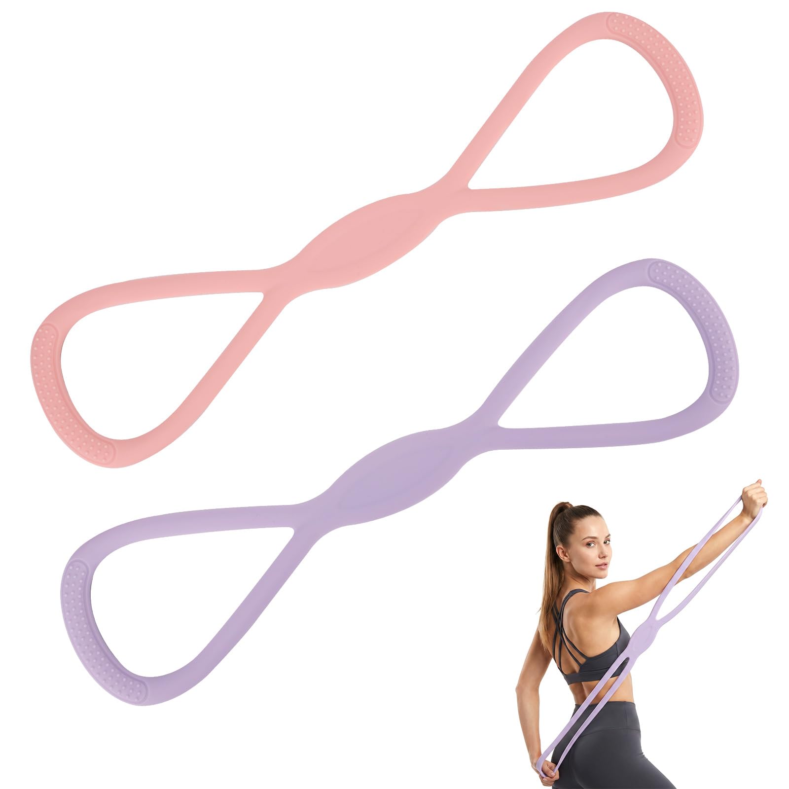 2pcs Figure 8 Resistance Bands, 15LB & 25LB Silicone Exercise Bands with Non-Slip Handles for Women Home Workout Yoga Gym Pilates Strength Training Shaping (Pink, Purple)