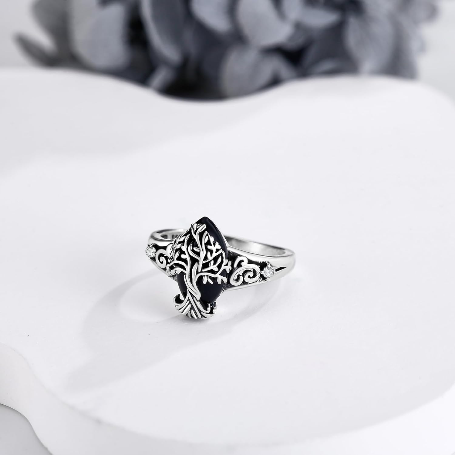 YAFEINI Black Tourmaline Ring 925 Sterling Silver Tree of Life Rings Black Onyx Rings Healing Jewelry Spiritual Protection Gifts for Women - Image 3