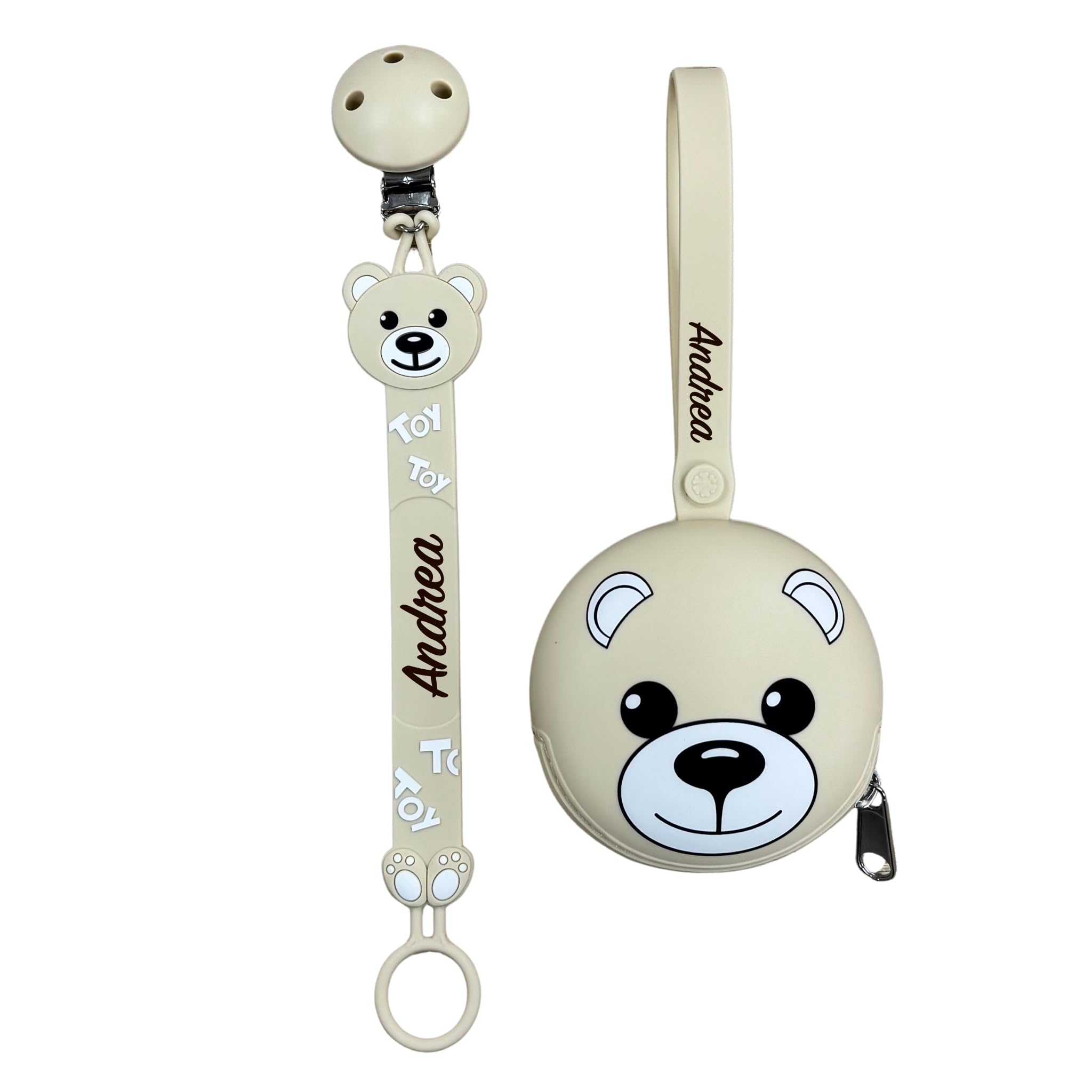 NOVITÁ Fettuccia IN SILICONE, per ciuccio personalizzata con nome, orsetto, BABYJART, lavabile,sicura per il bambino,compatibile con ciuccio MAM e CHICCO AZIENDA ITALIANA, MADE IN ITALY! Orso Beige