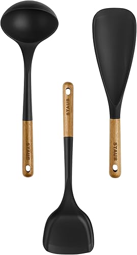 Staub Juego de utensilios de cocina de silicona con mango de madera, negro mate, 3 piezas