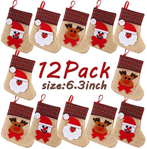 OurWarm 12PCS Mini Christmas Stockings, 3D Christmas Stocking Bulk Burlap Silverware Holders Tableware Bags, Santa Snowman Reindeer Christmas Stockings for Family Holiday Xmas Party