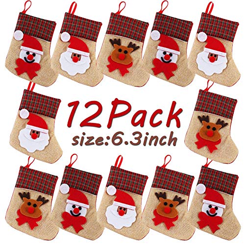 OurWarm 12PCS Mini Christmas Stockings, 3D Small Christmas Stocking Bulk Burlap Cutlery Holders Tableware Bags, Santa Snowman Reindeer Christmas Stockings for Xmas Party Table Decorations
