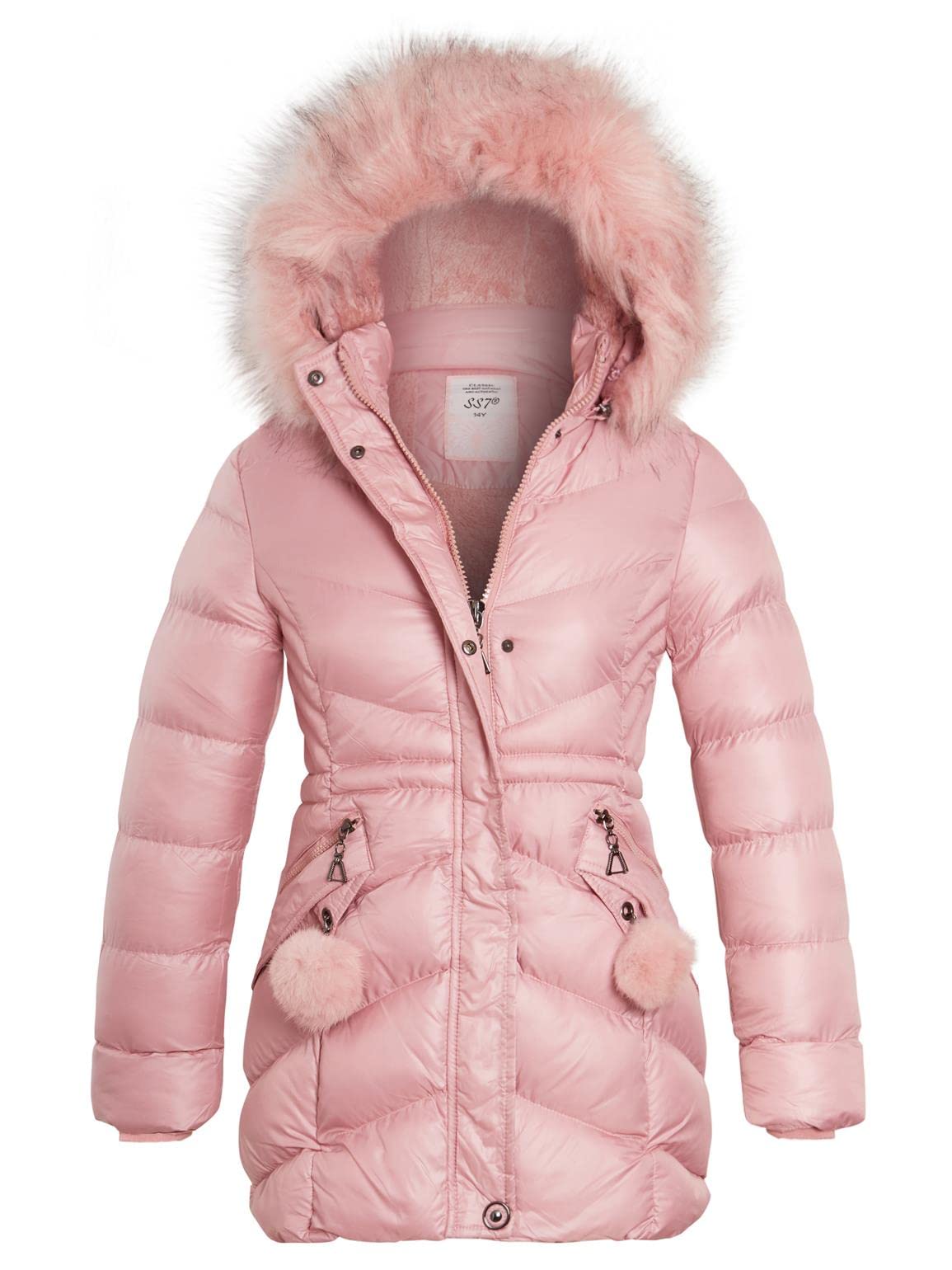 SS7 Girls Padded Parka Coat with Faux Fur Hood Pink