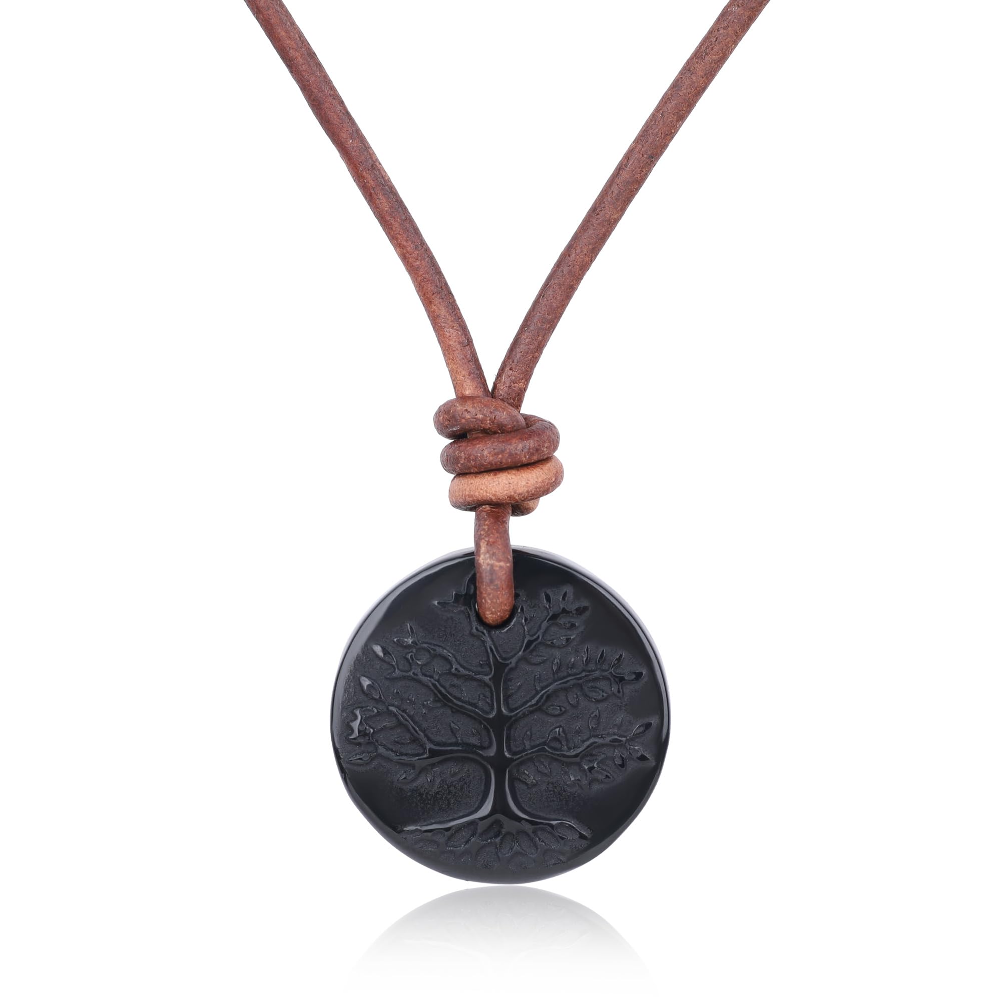 COAI Collier Cuir Homme/Femme, Pendentif Obsidienne Noire, Pendentif Arbre de Vie